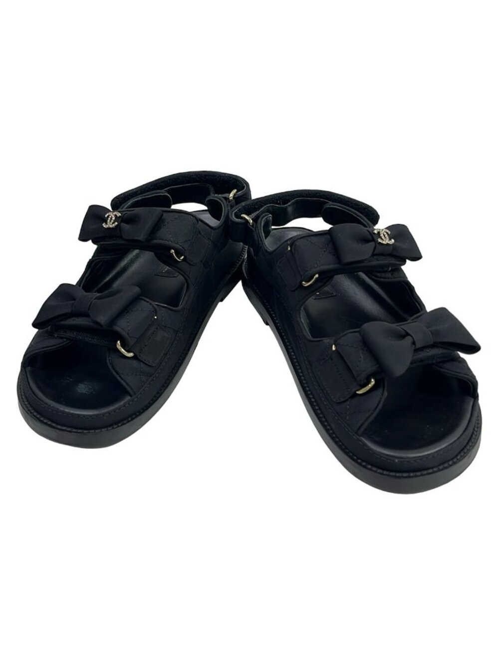 Chanel Sandals Black Gold Rhinestone Ribbon - Picture 2 of 7